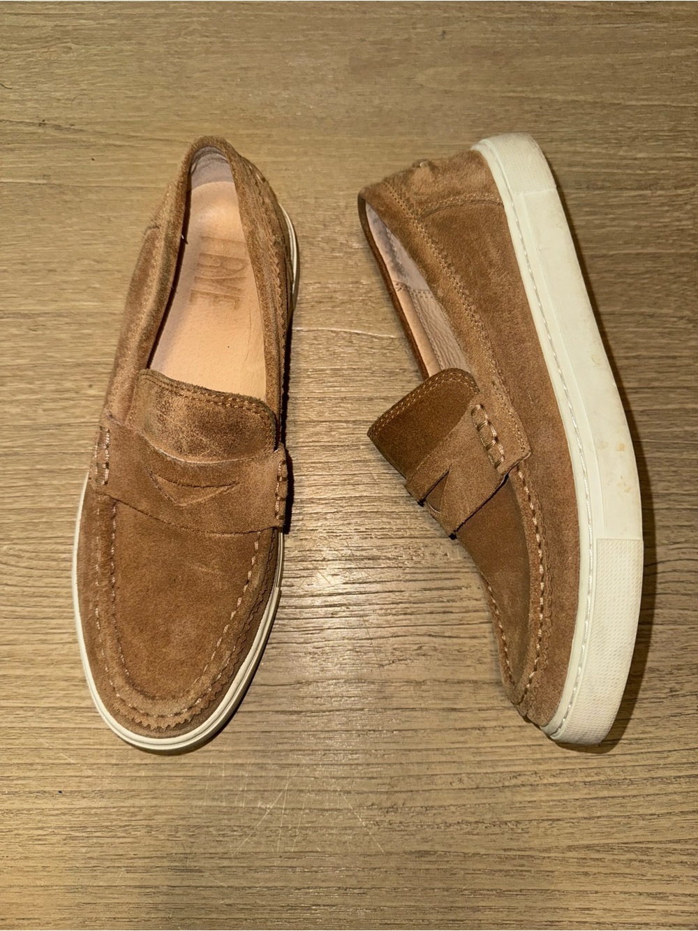 Frye Women's Suede Penny Loafers in Chestnut Brown with White Sole
